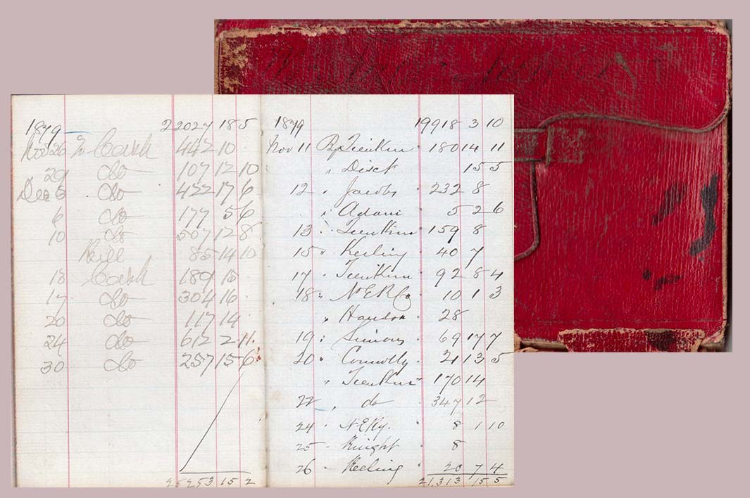 Picture James Hewitt's red leather accounts book showing entries from Nov & Dec 1879.