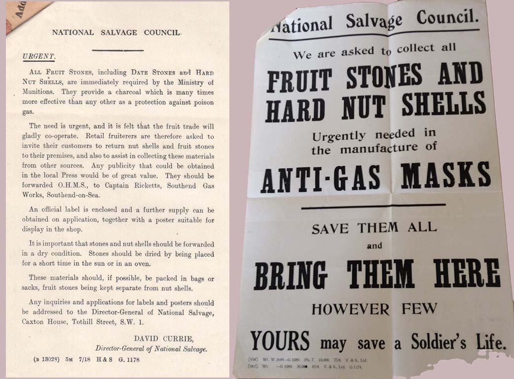 Picture WW1 salvage campaign for fruit stones and nutshells to make charcoal for masks against poison gas. 
