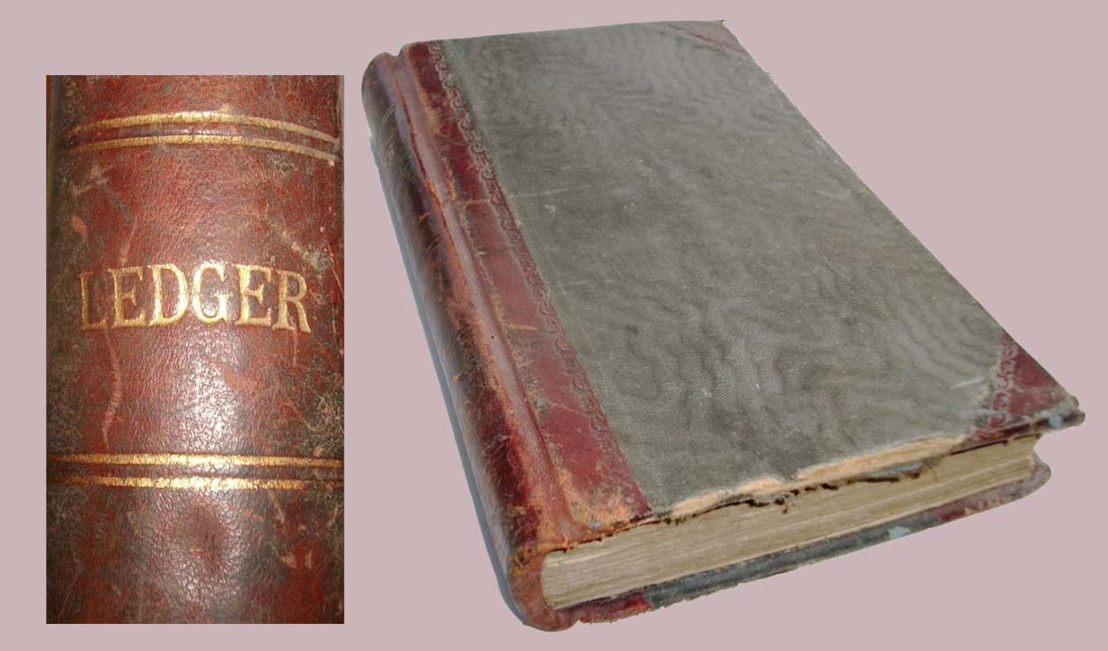 Picture An old accounts ledger with red leather spine and gold lettering